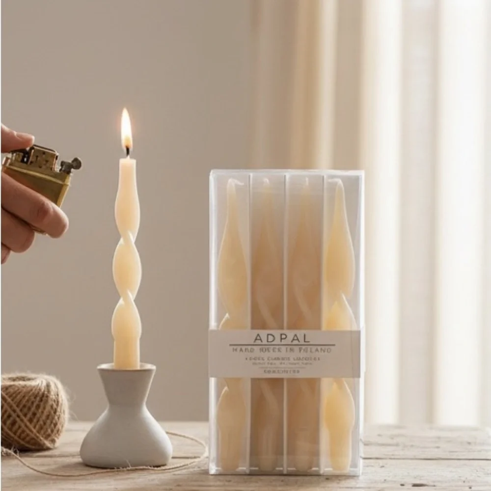NWT ADPAL Ivory Spiral Ribbon Tapered Candlesticks Unscented & Handmade